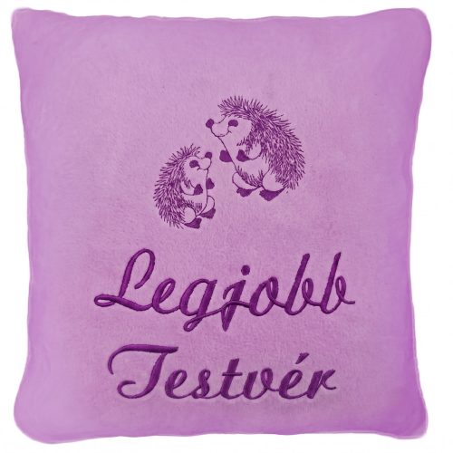 "Legjobb Testvér" felirattal + sünikkel hímzett párna, világos lila – hímzett ajándék párna testvérnek