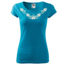   Hímzett, matyó mintás női, környakú türkizkék póló XS