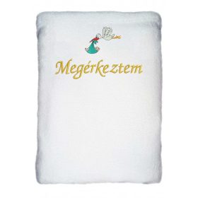   "Megérkeztem" felirattal hímzett gyerek pléd + gólya, fehér