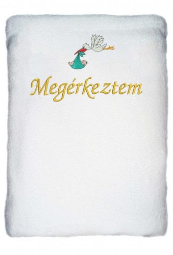 "Megérkeztem" felirattal hímzett gyerek pléd + gólya, fehér