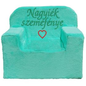   "Nagyiék szemefénye" felirattal + szívvel hímzett gyermekfotel, alma zöld