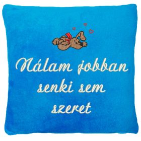   "Nálam jobban senki sem szeret" felirattal + hasaló kutyával hímzett párna, türkizkék