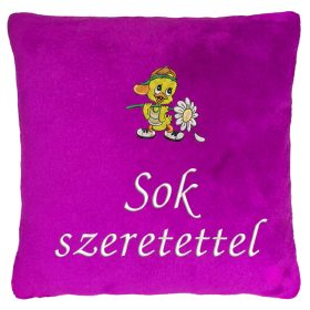 "Sok szeretettel" felirattal + virágos kacsával hímzett párna, bíbor – hímzett ajándék párna