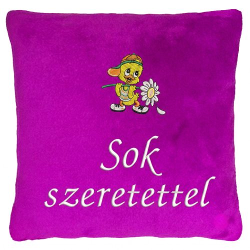 "Sok szeretettel" felirattal + virágos kacsával hímzett párna, bíbor – hímzett ajándék párna