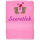 "Szeretlek" felirattal + macikkal hímzett törölköző, rózsaszín