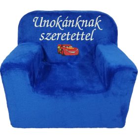   "Unokánknak szeretettel" felirattal + autóval hímzett gyermekfotel, királykék