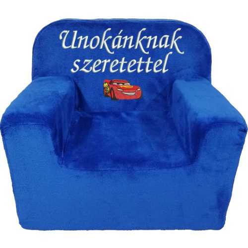 "Unokánknak szeretettel" felirattal + autóval hímzett gyermekfotel, királykék – hímzett ajándék gyermekfotel unokának