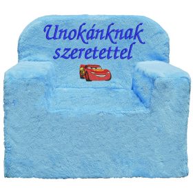   "Unokánknak szeretettel" felirattal + autóval hímzett gyermekfotel, világoskék