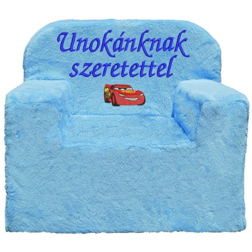"Unokánknak szeretettel" felirattal + autóval hímzett gyermekfotel, világoskék – hímzett ajándék gyermekfotel unokának