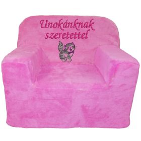   "Unokánknak szeretettel" felirattal + cicával hímzett gyermekfotel, rózsaszín