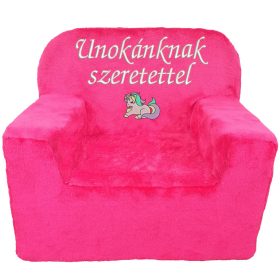   "Unokánknak szeretettel" felirattal + unikornissal hímzett gyermekfotel, pink