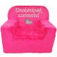 "Unokánknak szeretettel" felirattal + unikornissal hímzett gyermekfotel, pink – hímzett ajándék gyermekfotel unokának