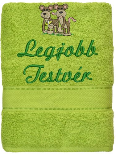 „Legjobb testvér” felirattal + majmokkal hímzett törölköző, kivi – hímzett ajándék törölköző testvérnek