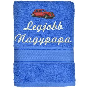   "Legjobb nagypapa" felirattal + régi autóval hímzett törölköző, acélkék