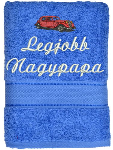„Legjobb nagypapa” felirattal + régi autóval hímzett törölköző, acélkék – hímzett ajándék törölköző nagypapának
