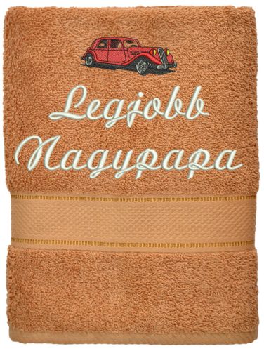 „Legjobb nagypapa” felirattal + régi autóval hímzett törölköző, kávé – hímzett ajándék törölköző nagypapának