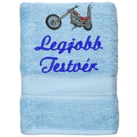 „Legjobb testvér” felirattal + motorral hímzett törölköző, világoskék – hímzett ajándék törölköző testvérnek