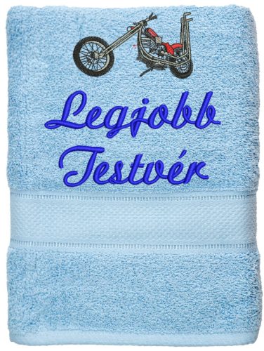 „Legjobb testvér” felirattal + motorral hímzett törölköző, világoskék – hímzett ajándék törölköző testvérnek