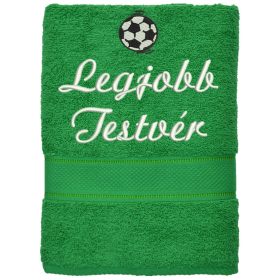 „Legjobb testvér” felirattal + focilabdával hímzett törölköző, fűzöld – hímzett ajándék törölköző testvérnek