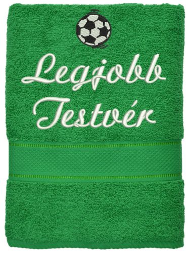 „Legjobb testvér” felirattal + focilabdával hímzett törölköző, fűzöld – hímzett ajándék törölköző testvérnek