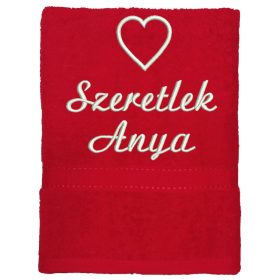   "Szeretlek anya" felirattal + szívvel hímzett törölköző, piros
