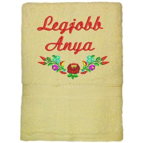   "Legjobb anya" felirattal + kalocsai mintával hímzett törölköző, krém