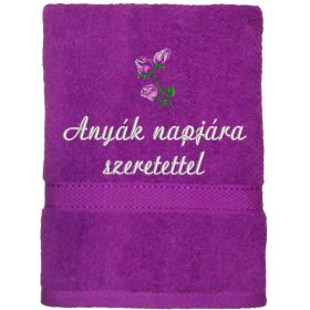   "Anyák napjára szeretettel" felirattal + rózsával hímzett törölköző, lila