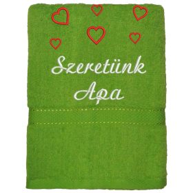   "Szeretünk apa" felirattal + szívekkel hímzett törölköző, kivi zöld