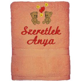   "Szeretlek anya" felirattal + macikkal hímzett törölköző, barack