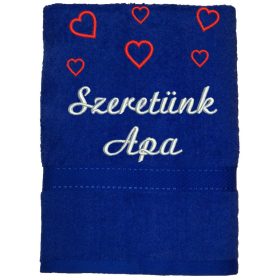   "Szeretünk apa" felirattal + szívekkel hímzett törölköző, királykék