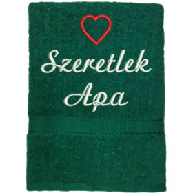   "Szeretlek apa" felirattal + szívvel hímzett törölköző, sötétzöld