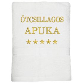   "Ötcsillagos apuka" felirattal + csillagokkal hímzett törölköző, fehér