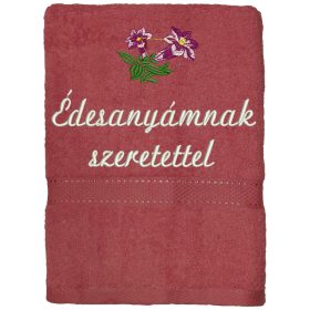   "Édesanyámnak szeretettel" felirattal + enciánnal hímzett törölköző, mályva