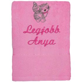   "Legjobb anya" felirattal + cicával hímzett törölköző, rózsaszín