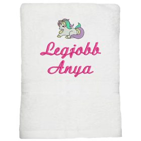   "Legjobb anya" felirattal + unikornissal hímzett törölköző, fehér