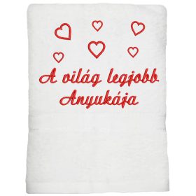  "A világ legjobb anyukája" felirattal + szívekkel hímzett törölköző, fehér