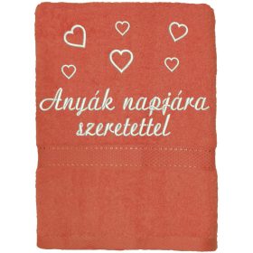   "Anyák napjára szeretettel" felirattal + szívekkel hímzett törölköző, lazac