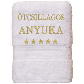   "Ötcsillagos anyuka" felirattal + csillagokkal hímzett törölköző, fehér