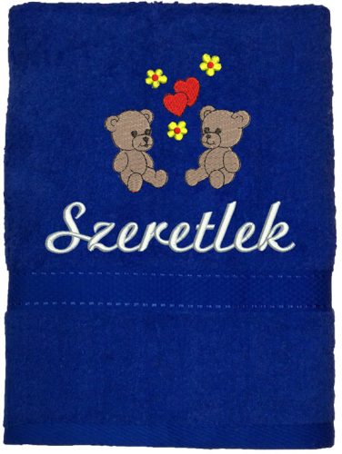 "Szeretlek" felirattal + macikkal hímzett törölköző, királykék