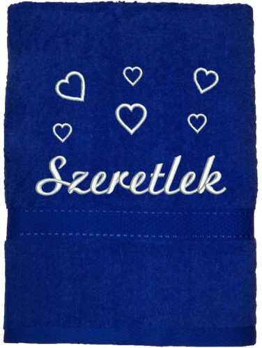 "Szeretlek" felirattal + szívekkel hímzett törölköző, királykék