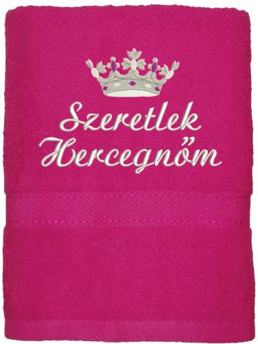 "Szeretlek hercegnőm" felirattal + koronával hímzett törölköző, pink