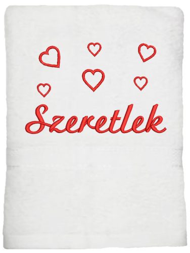 "Szeretlek" felirattal + szívekkel hímzett törölköző, fehér