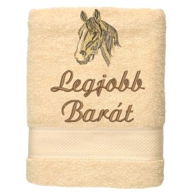 „Legjobb barát” felirattal + lófejjel hímzett törölköző, krém – hímzett ajándék törölköző barátnak
