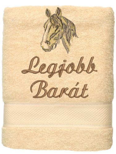 „Legjobb barát” felirattal + lófejjel hímzett törölköző, krém – hímzett ajándék törölköző barátnak