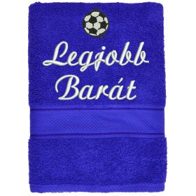 „Legjobb barát” felirattal + focilabdával hímzett törölköző, királykék – hímzett ajándék törölköző barátnak