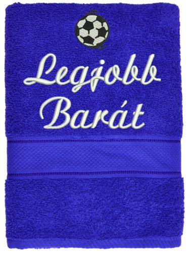 „Legjobb barát” felirattal + focilabdával hímzett törölköző, királykék – hímzett ajándék törölköző barátnak