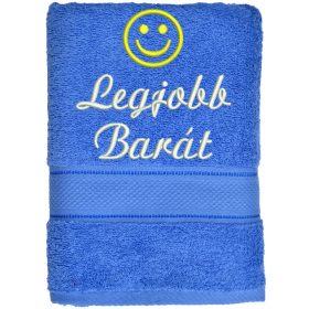 „Legjobb barát” felirattal + smile-val hímzett törölköző, acélkék – hímzett ajándék törölköző barátnak