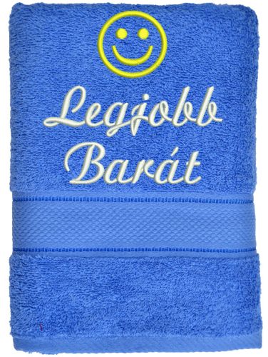 „Legjobb barát” felirattal + smile-val hímzett törölköző, acélkék – hímzett ajándék törölköző barátnak