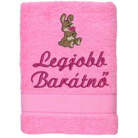 „Legjobb barátnő” felirattal + nyuszival hímzett törölköző, rózsaszín – hímzett ajándék törölköző barátnőnek