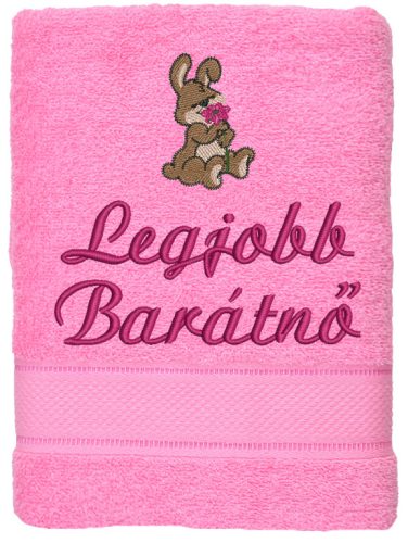 „Legjobb barátnő” felirattal + nyuszival hímzett törölköző, rózsaszín – hímzett ajándék törölköző barátnőnek